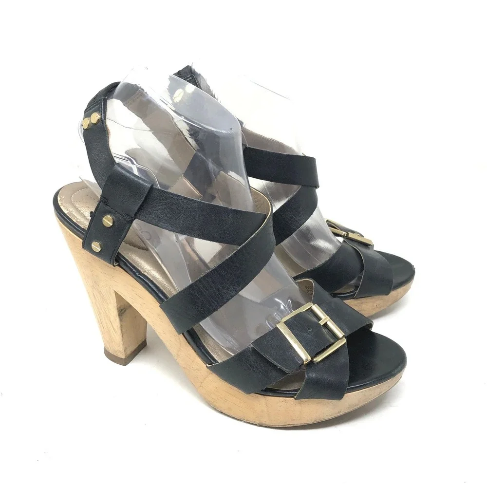VTG Wooden Sandals Me Too Womens 8.5M Ebony Leather Black Wood Heel Buckle